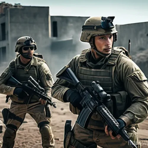 Home 15 에이지오브제트 유닛 밸런스 평가 - A highly detailed, cinematic shot of a resilient infantry squad in tactical gear, holding a fortifie...