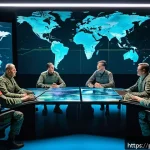Home 16 에이지오브제트 장기전 대비법 - A highly detailed strategic war room scene featuring a diverse group of commanders gathered around a...