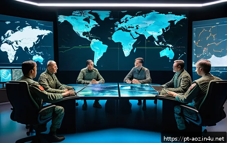 에이지오브제트 장기전 대비법 - A highly detailed strategic war room scene featuring a diverse group of commanders gathered around a...