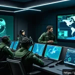 Home 21 에이지오브제트 연맹 시스템 가이드 - A detailed and dynamic scene of a diverse group of alliance members in a futuristic war room, gather...